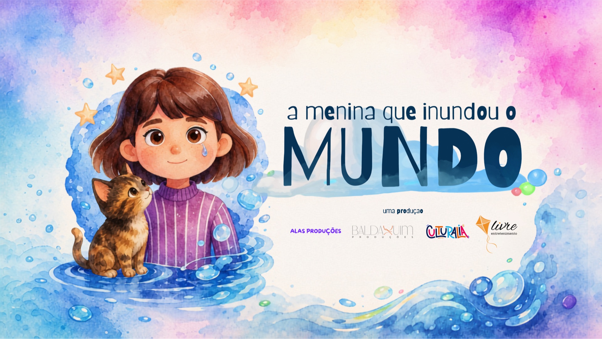 Arte do espetáculo A Menina que Inundou o Mundo, com a personagem Biê em um cenário de água e estrelas